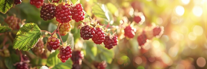 Blackberry harvest banner with focus on the vibrant colors of fresh berries and green leaves, set against an out-of-focus background Generative AI