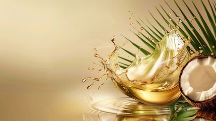 Coconut with palm leaves and splashes of cooking oil on a beige gradient background