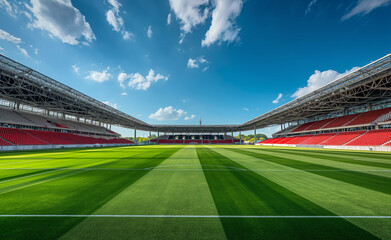 Fototapeta premium Empty soccer stadium with green field and red seats.