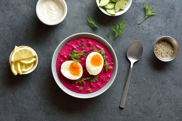 Cold summer beet soup with cucumbers, dill and egg