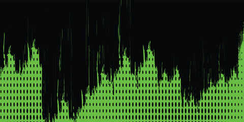 Tata letak vektor hijau dengan titik dan garis vertikal pada latar belakang hitam. Ilustrasi bersinar dekoratif dengan titik dan garis pada templat abstrak.