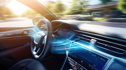 Car interior with futuristic air flow visualization.