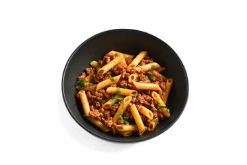 Penne pasta with minced meat, tomato sauce and greens
