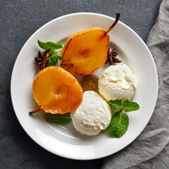 Poached pears with ice cream