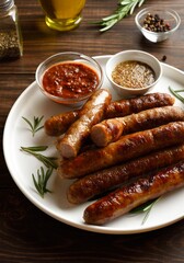 Plate with delicious grilled thin sausages on brown wooden backg