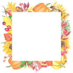 Watercolor autumn frame with pumpkins, sunflowers, red berries, acorn, branch, oak leaves. Square template for thanksgiving cards, greeting cards, scrapbooking. Decorative fall wreath.