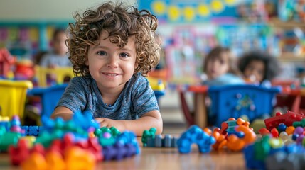 A classroom of young children exploring a variety of educational toys and activities, fostering curiosity and engagement