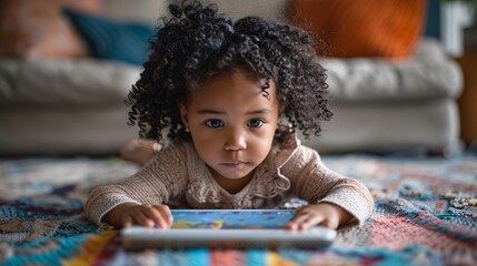 A young child learning to read with the help of a digital learning app, merging traditional and modern educational methods