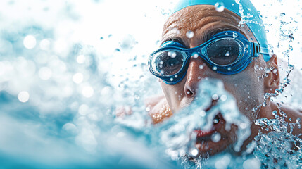 Naklejka premium Close-up of a swimmer with goggles underwater.