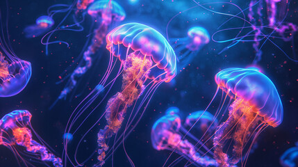Fototapeta premium Glowing jellyfish floating in deep ocean waters.