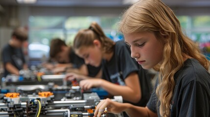 A high school robotics team working on their project, promoting STEM education and teamwork