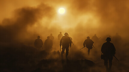 Fototapeta premium Soldiers running through a smoky battlefield at sunset.