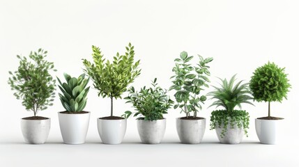 Assortment of potted green plants isolated on white. Modern, minimalist design elements. 3D vector illustration. 