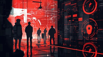 Silhouettes in a Futuristic Tech Environment