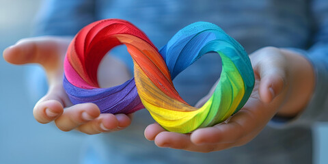 Autism rainbow symbol in a child's hand. Autism acceptance movement, neurodiversity, autism rights movement, and World Autism Awareness Day