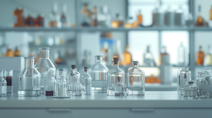 Assorted laboratory glass bottles on shelves.