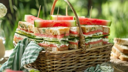 A picnic basket filled with watermelon sandwiches, including combinations of watermelon, cucumber, and dill spread