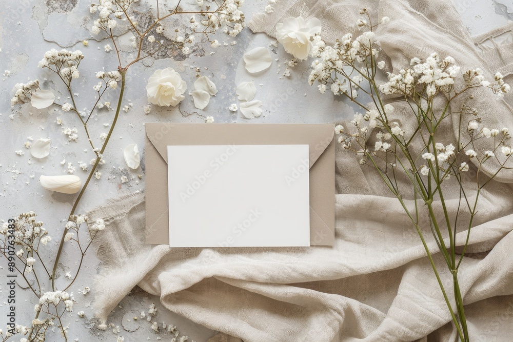 Poster A simple white cloth with a blank card placed on top, perfect for adding your personal message or gift wrapping