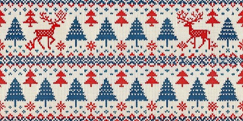 A festive Christmas pattern featuring red and blue deer and a tree, with copy space, with empty space