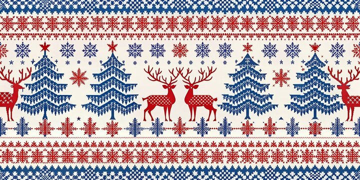 A festive Christmas pattern featuring red and blue deer and a tree, with copy space, with empty space