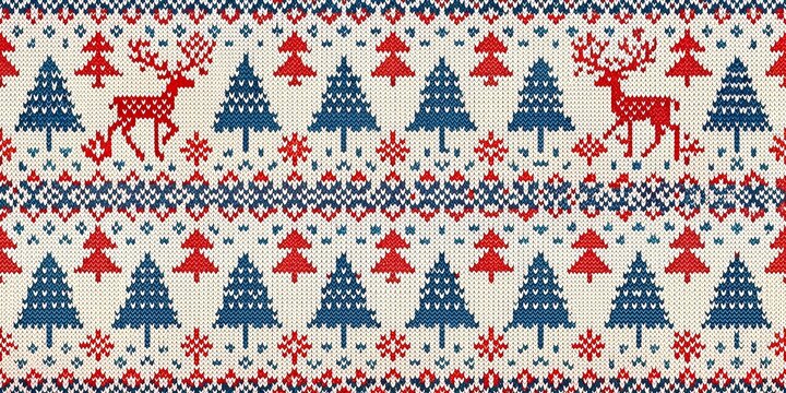 A festive Christmas pattern featuring red and blue deer and a tree, with copy space, with empty space