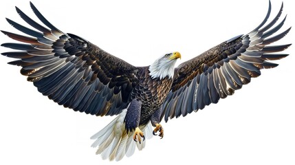Obraz premium A stunning image capturing a bald eagle in mid-flight, showcasing its powerful wings and intense gaze.