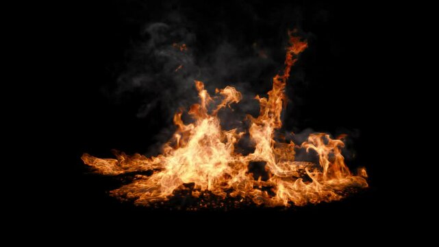 Realistic Ground Fire with Smoke and Alpha Channel: Intense Flames and Billowing Smoke in a High-Quality Clip, Perfect for Cinematic Effects and Seamless Visual Integration on Transparent Background.
