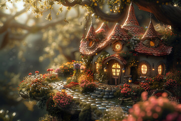 Fairytale village diorama with adorable houses with tiled roofs. Fantasy magical forest with fairy village. Miniature 3D diorama wallpaper background.