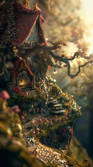 Fairytale village diorama with adorable houses with tiled roofs. Fantasy magical forest with fairy village. Miniature 3D diorama wallpaper background.