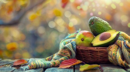 Fresh avocado fruit in basket with bokeh background