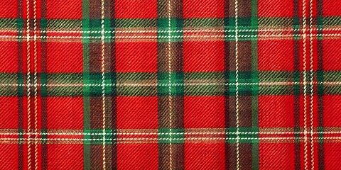 Festive red and green plaid fabric with subtle sheen, featuring classic Christmas tartan pattern with intricate woven design, perfect for holiday crafting projects.