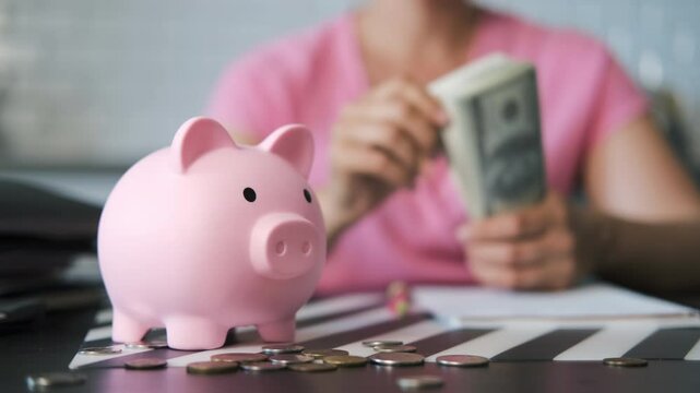 Close-up of a young woman counts money at the kitchen table, piggy bank and coins scattered in the foreground, selective focus. Personal finance concept