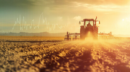 Fototapeta premium Tractor in field at sunset with superimposed stock market charts.