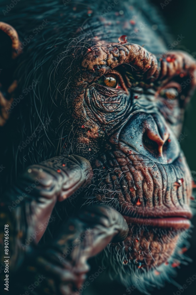 Poster a monkey with a cigarette in its mouth, a close-up view