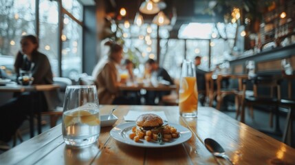 Dynamic coworkers enjoying casual lunch break in modern office cafe, cheerful atmosphere, diverse group, vibrant decor, colorful dishes. Copy space.