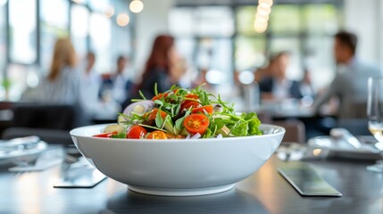 Dynamic business professionals enjoying healthy meal during lunch break, diverse coworkers foster collaboration, colorful salad featuring fresh vegetables, modern office cafe setting.