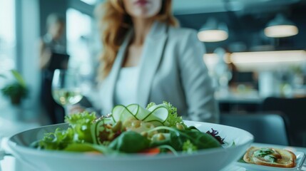 Elegant woman enjoying healthy salad during business lunch at modern office cafe, casual team atmosphere, focus on food, soft lighting. Copy space.
