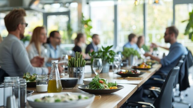 Dynamic group of diverse coworkers enjoying business lunch in modern office cafe, surrounded by fresh greenery, plates of vibrant salads, and refreshing beverages. Copy space.