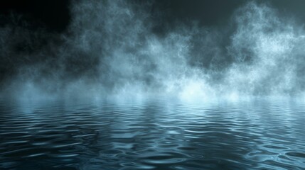 Mysterious fog enveloping tranquil water surface at dawn, creating ethereal atmosphere, perfect for meditation, nature contemplation, or serene escape. Copy space.