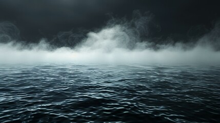 Fototapeta premium Mysterious foggy seascape with tranquil dark waters and thick white mist, creating an ethereal and enigmatic atmosphere. Copy space.