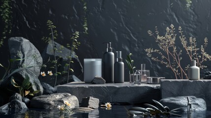Dark stone backdrop of an elaborate cosmetic line, 3D rendered in a nature setting with lotion and toner. without logo 