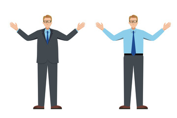 8頭身のフラットデザインの白人系男性ビジネスマン、両手をあげるポーズのイラストセット