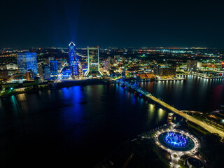 Aerial view of Jacksonville skyline view at night