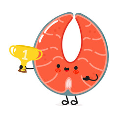 Cute funny Red fish salmon hold gold trophy cup. Vector hand drawn cartoon kawaii character illustration icon. Isolated on white background. Red fish salmon with winner trophy cup