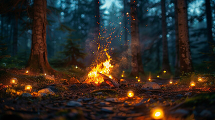 Dark woods, camping, small light bulbs, bonfire