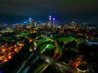 Aerial view of Charlotte at night with highways