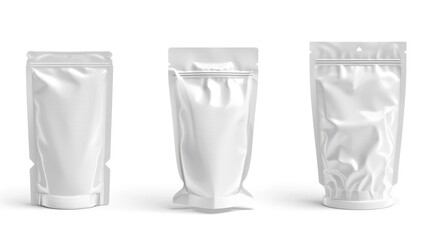 Three white packaging bags on a clean white background