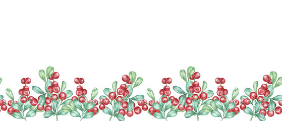 Cranberry seamless border watercolor clipart with a delicate arrangement of red lingonberries and green foliage. Suitable for autumn-themed designs, wrapping paper, or organic product branding
