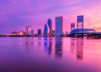 Jacksonville skyline view at sunrise with long exposure