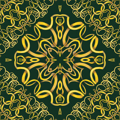Vector pattern of hand drawn gold lines ornament on dark green background. Ornamented art oriental style